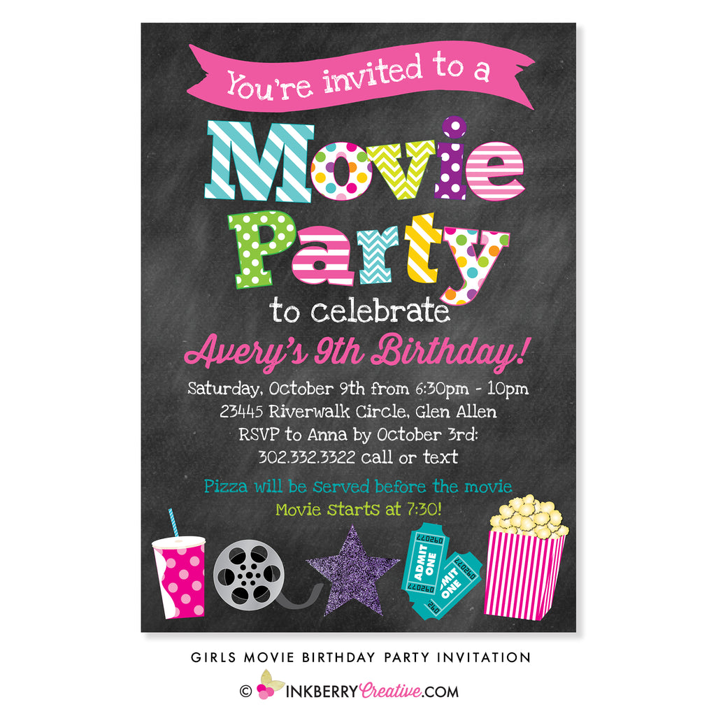 Movie Birthday Party Invitation (Girls) - Chalkboard Style - inkberrycards