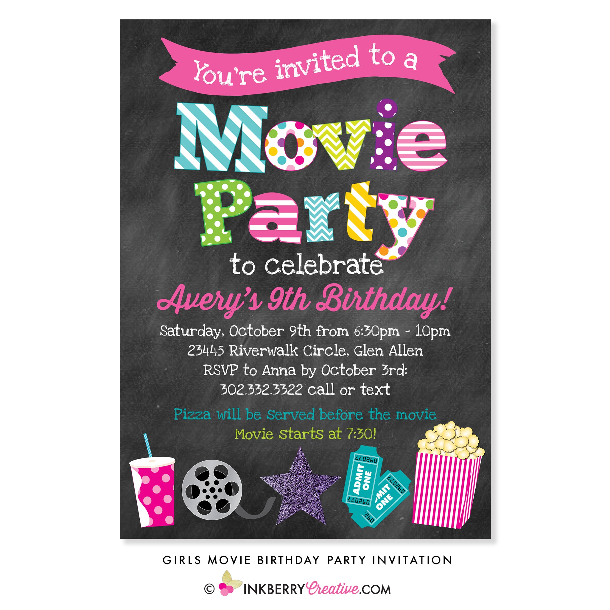 Movie Birthday Party Invitation (Girls) - Chalkboard Style - inkberrycards