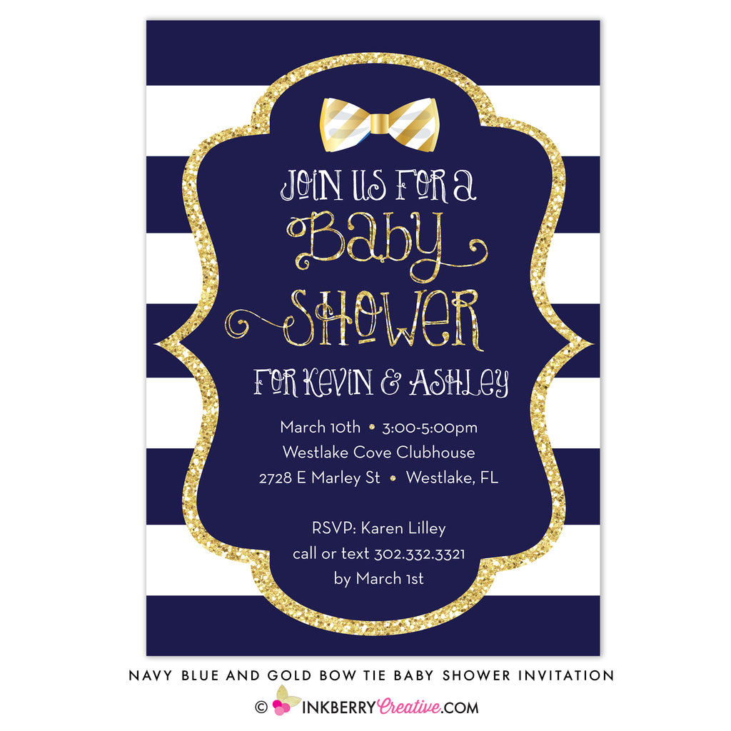 Navy Blue, White Stripe, Gold Glitter Bow Tie Baby Shower Invitation - inkberrycards