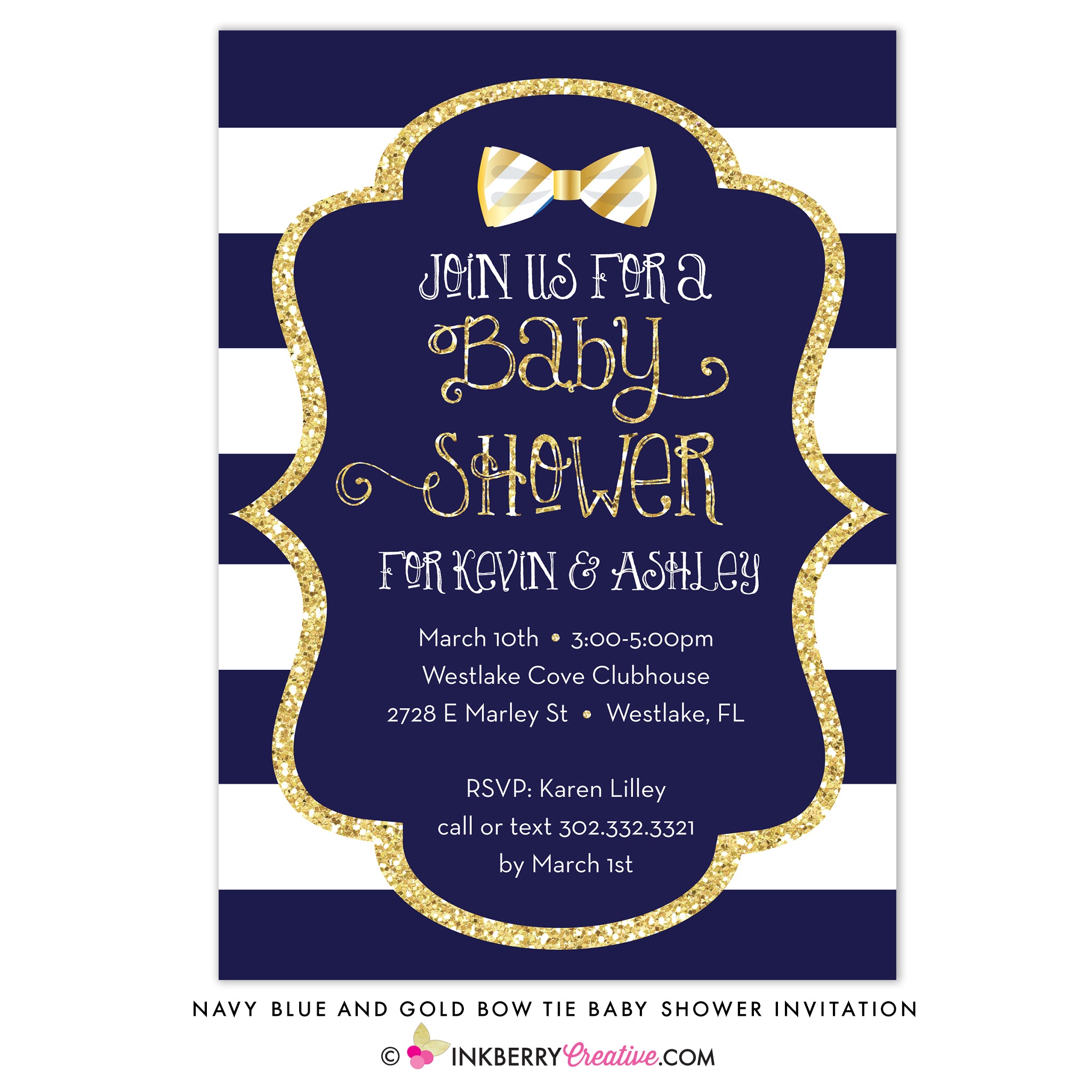 Navy Blue, White Stripe, Gold Glitter Bow Tie Baby Shower Invitation - inkberrycards
