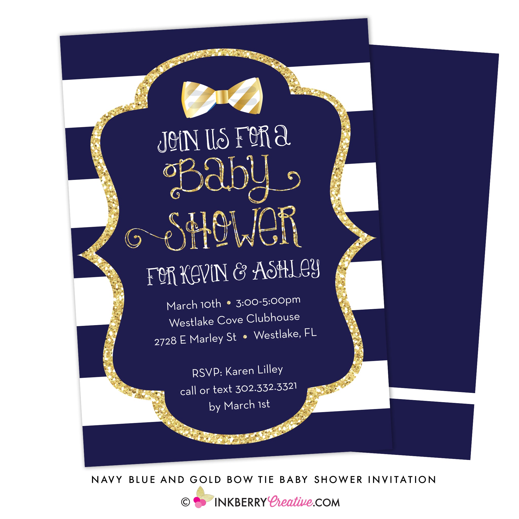 Navy Blue, White Stripe, Gold Glitter Bow Tie Baby Shower Invitation - inkberrycards