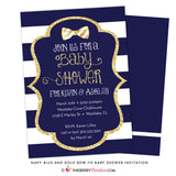 Navy Blue, White Stripe, Gold Glitter Bow Tie Baby Shower Invitation - inkberrycards