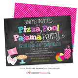 Pizza, Pool, and Pajama Birthday Party Invitation - Chalkboard Style - inkberrycards