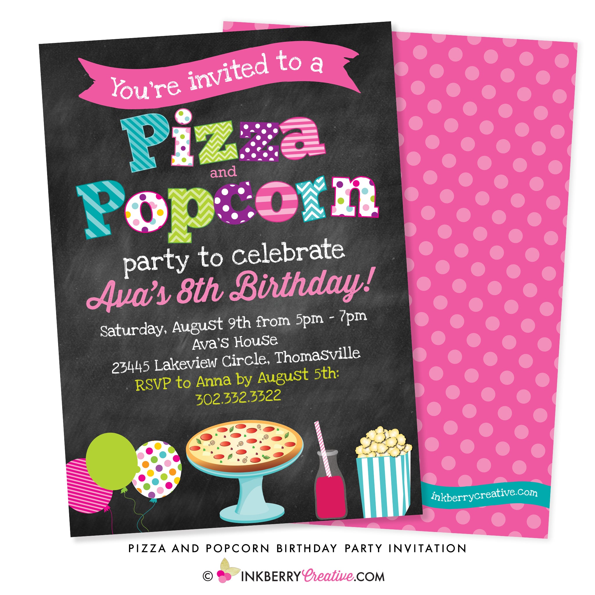 Pizza and Popcorn Birthday Party Invitation - Chalkboard Style - inkberrycards