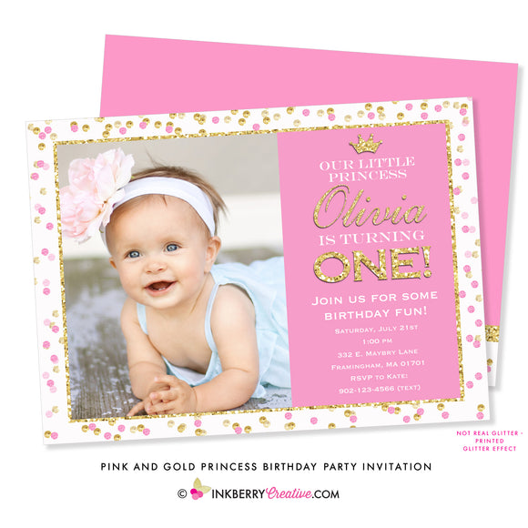 Pink and Gold Princess Birthday Party Invitation (Photo) - inkberrycards