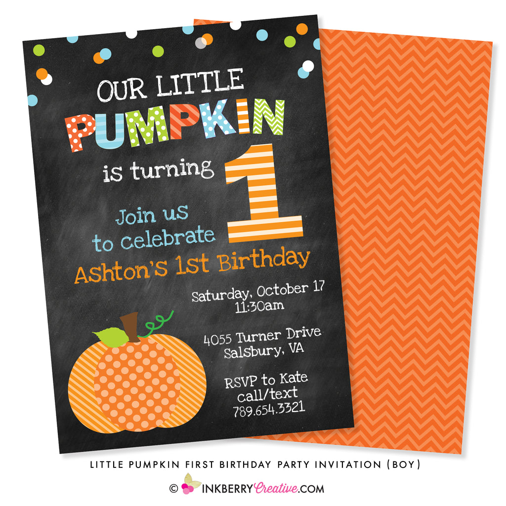 Little Pumpkin Boy First Birthday Party Invitation - Chalkboard Style - inkberrycards