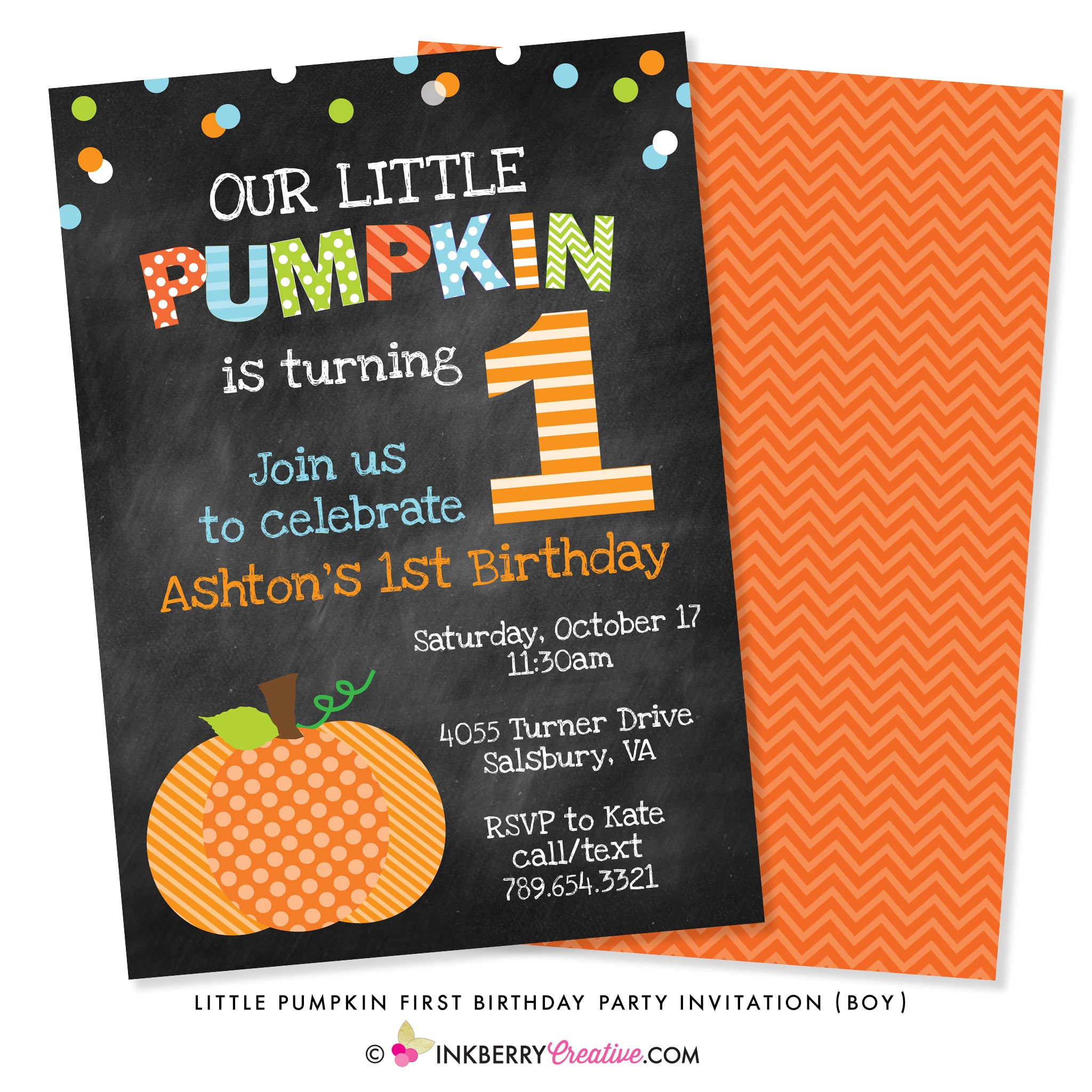 Little Pumpkin Boy First Birthday Party Invitation - Chalkboard Style - inkberrycards