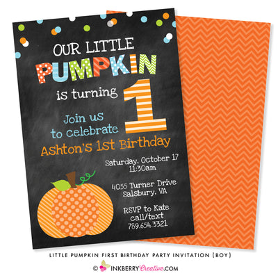 Little Pumpkin Boy First Birthday Party Invitation - Chalkboard Style - inkberrycards