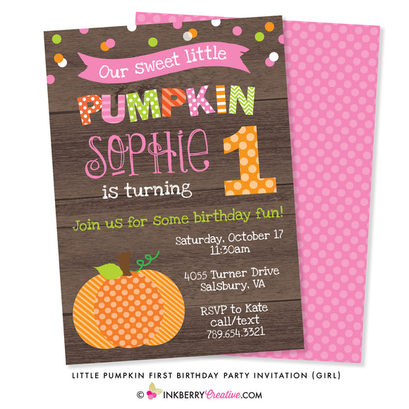 Little Pumpkin Girl First Birthday Party Invitation (Wood) - inkberrycards