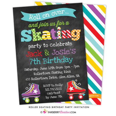 Roller Skating Birthday Party Invitation - Boy Girl, Sibling, Friends, or Twin Skating Party - inkberrycards