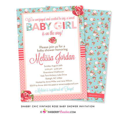 Shabby Chic Vintage Rose Baby Shower Invitation - inkberrycards