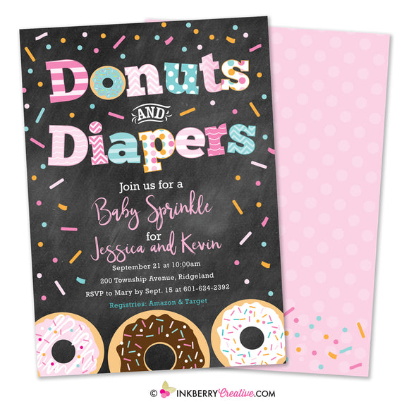 Donuts and Diapers - Baby Girl Sprinkle / Baby Shower Invitation