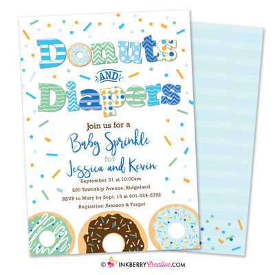 Donuts and Diapers - Baby Boy Sprinkle / Baby Shower Invitation (White Background)