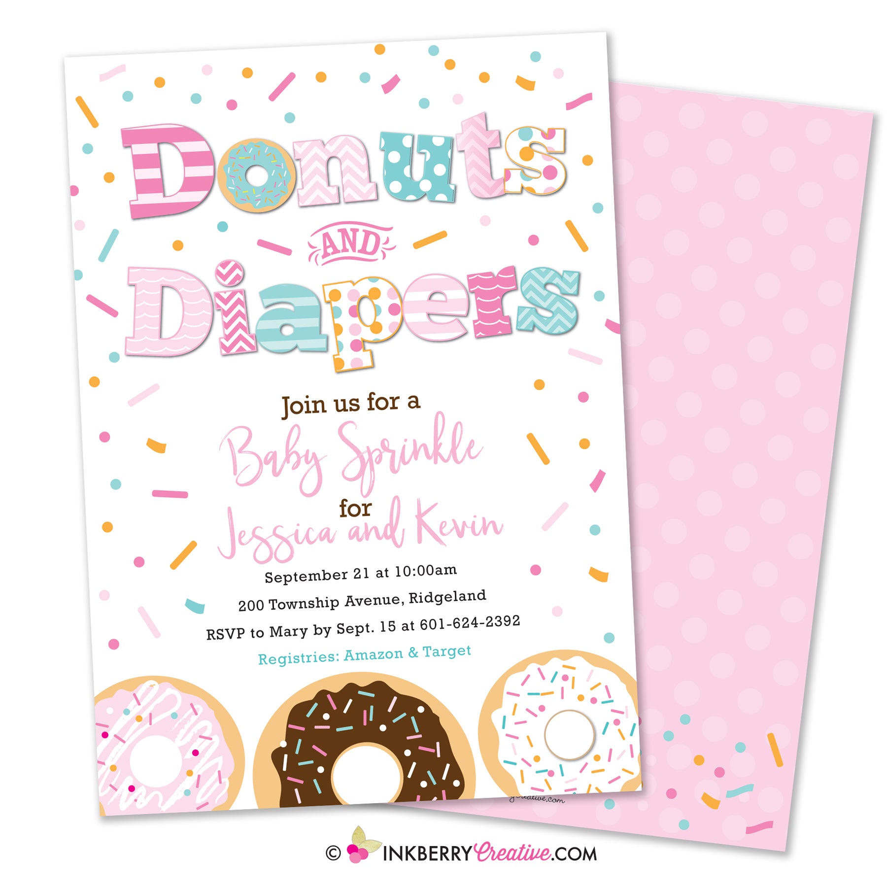 Donuts and Diapers Baby Girl Sprinkle Baby Shower Invitation White Background