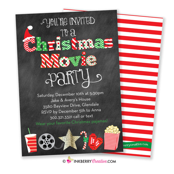 Christmas Movie Party Invitation - Chalkboard Background - Digital, Printable File or Cardstock Printed and Shipped
