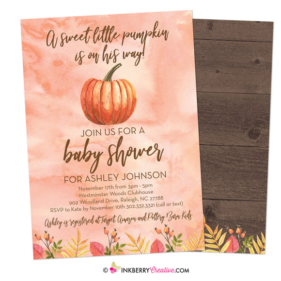 Watercolor Pumpkin Fall Baby Shower Invitation - inkberrycards