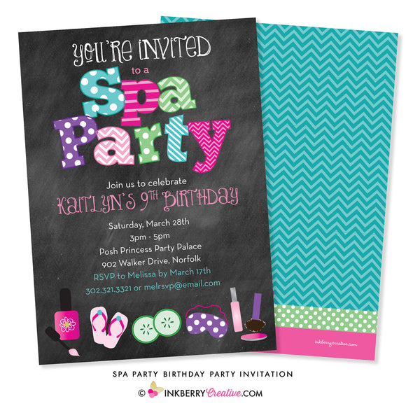 Kids Spa Birthday Party Invitation - Chalkboard Style - inkberrycards
