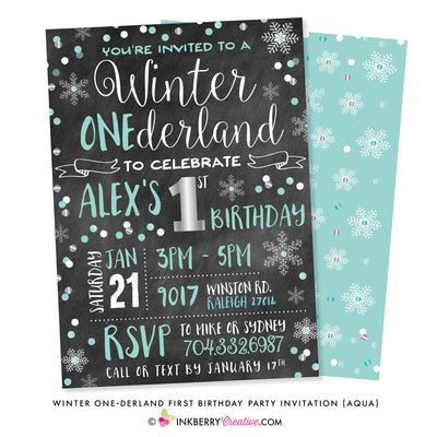 Winter ONEderland First Birthday Party Invitation (Aqua) - Chalkboard Style - inkberrycards