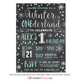 Winter ONEderland First Birthday Party Invitation (Aqua) - Chalkboard Style - inkberrycards