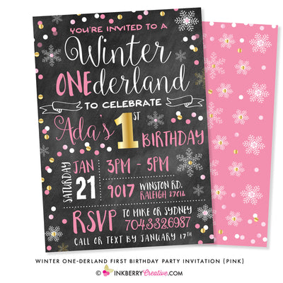 Winter ONEderland First Birthday Party Invitation (Pink and Gold) - Chalkboard Style - inkberrycards