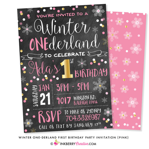 Winter ONEderland First Birthday Party Invitation (Pink and Gold) - Chalkboard Style - inkberrycards