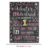 Winter ONEderland First Birthday Party Invitation (Pink and Gold) - Chalkboard Style - inkberrycards