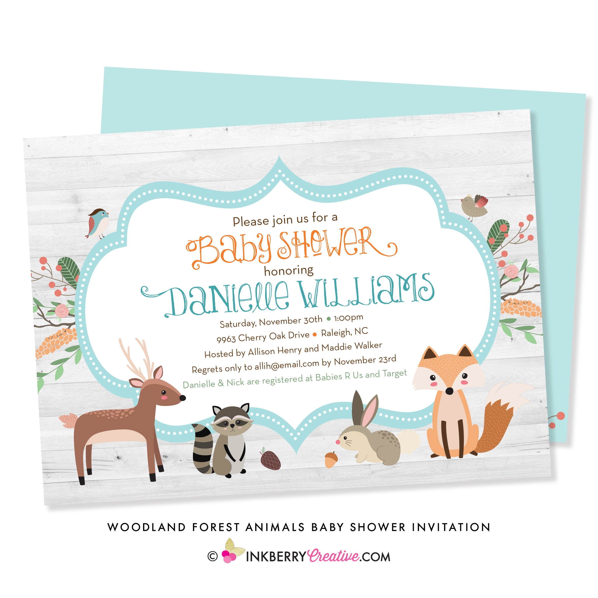 Woodland Forest Animal Baby Shower Invitation - inkberrycards