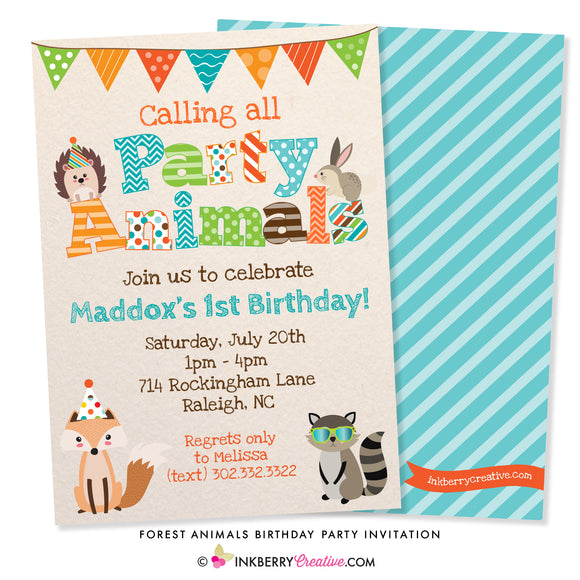 Party Animals - Woodland Forest Animals Birthday Party Invitation - inkberrycards