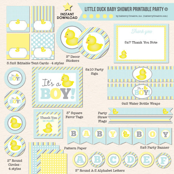 Yellow Rubber Ducky Baby Shower - DIY Printable Party Pack - inkberrycards