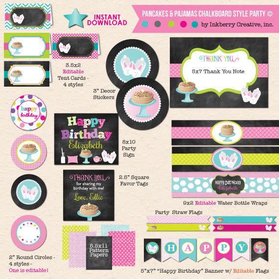 Pancakes and Pajamas Chalkboard Style Birthday with Bunny Slippers - DIY Printable Party Pack - inkberrycards