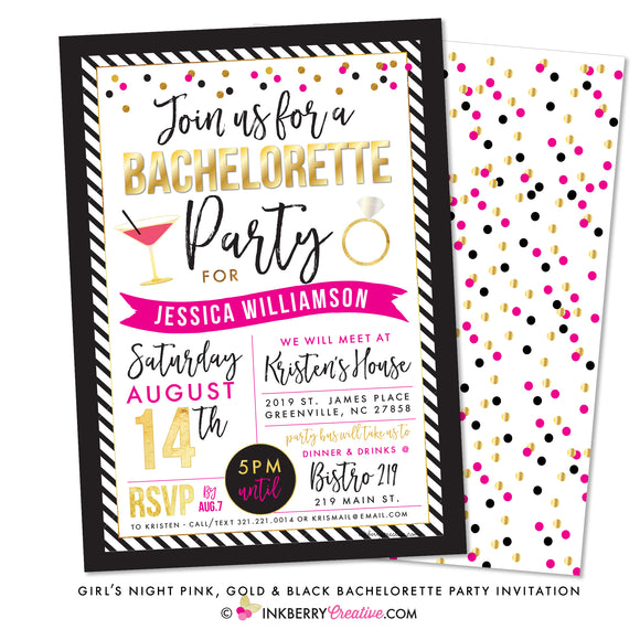 Girl's Night - Pink, Black, Gold Confetti Bachelorette Party Invitation - inkberrycards