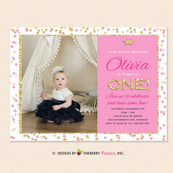 Pink Gold Princess 1st Birthday Party Photo Invitation - Printable, Instant Download, Editable, PDF