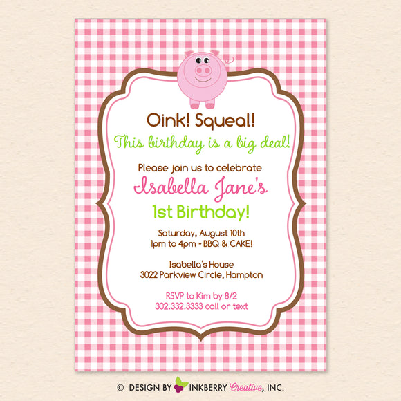 Pink Plaid Piggy Birthday Party Invitation -Girls Farm, Pink Plaid, Pig Theme Party, Pig 1st Birthday - Printable, Instant Download, Editable, PDF