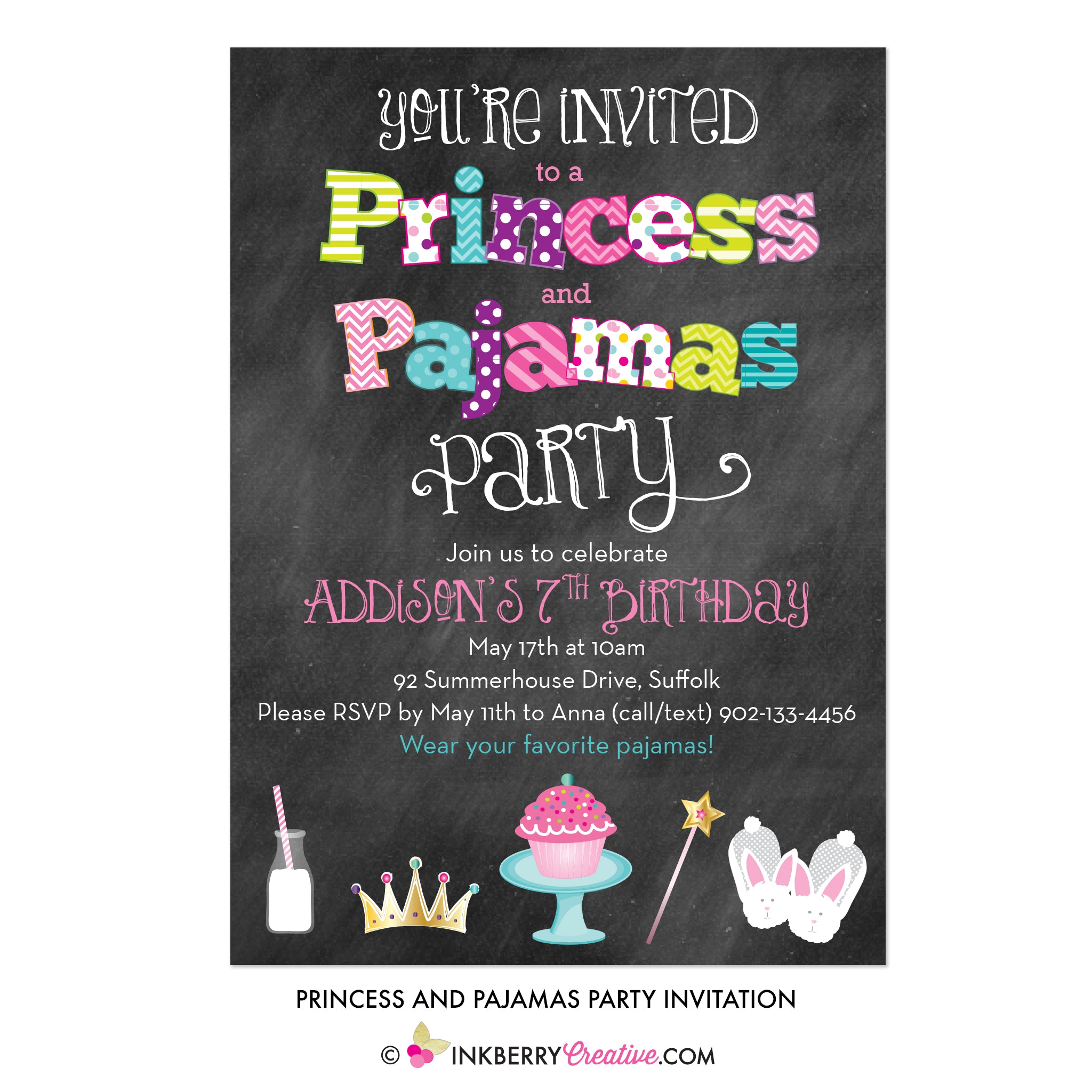 Princess and Pajamas Birthday Party - Chalkboard Style Party Invitation - inkberrycards