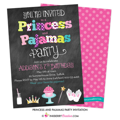 Princess and Pajamas Birthday Party - Chalkboard Style Party Invitation - inkberrycards