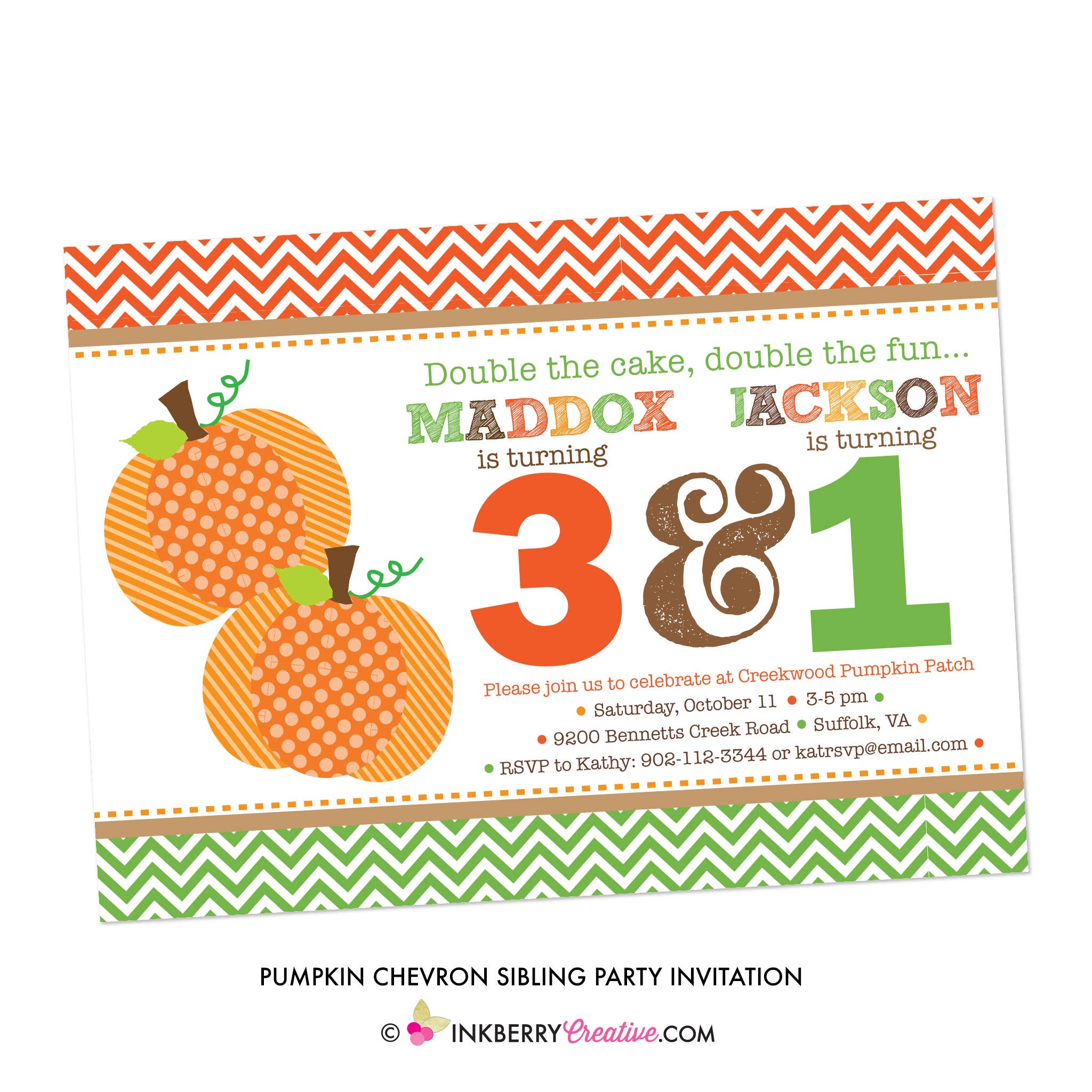 Chevron Pumpkin Sibling Birthday Party Invitation - inkberrycards
