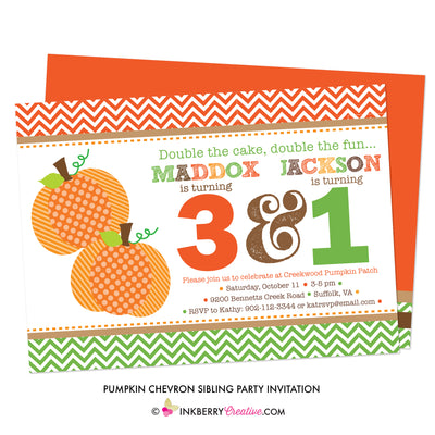 Chevron Pumpkin Sibling Birthday Party Invitation - inkberrycards