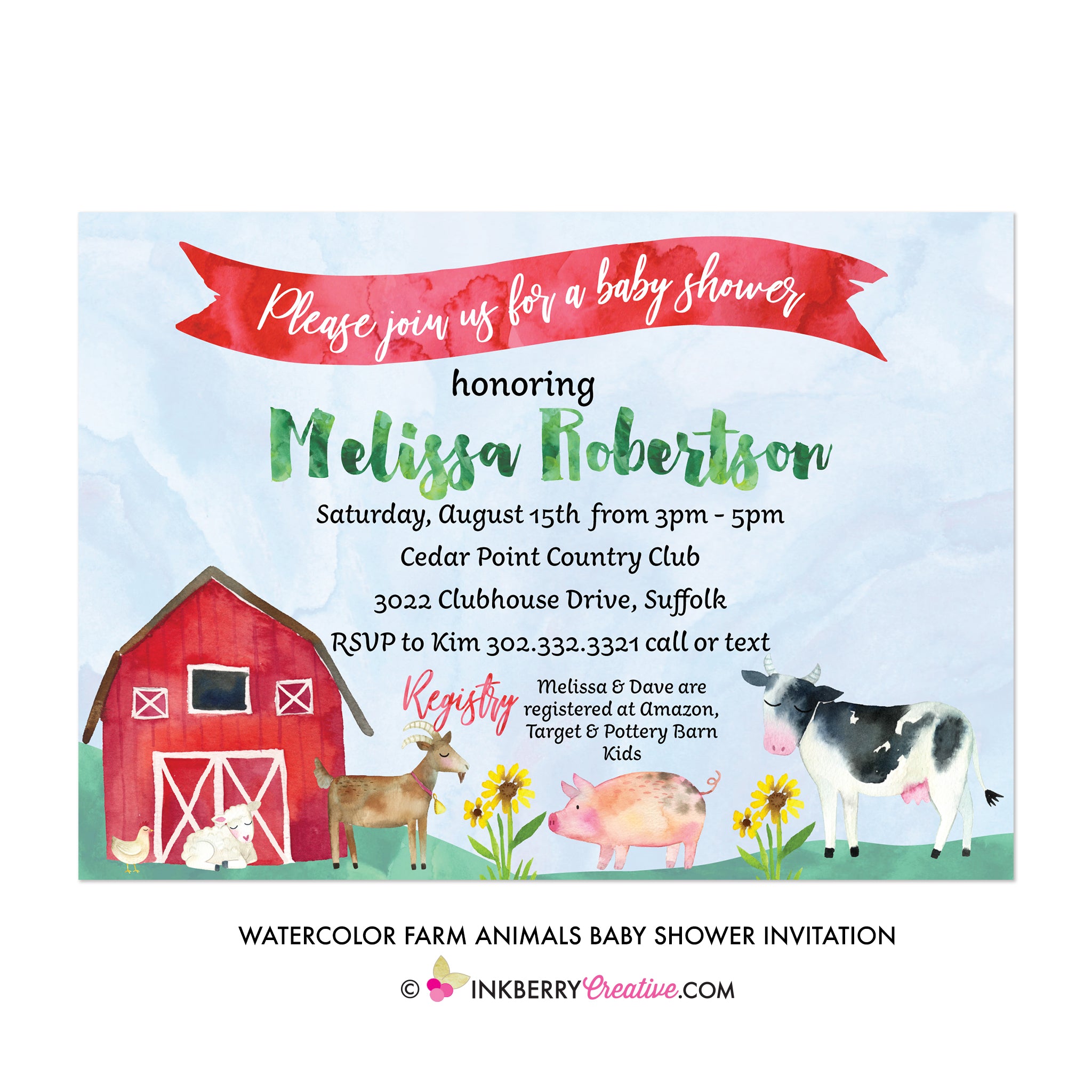 Watercolor Farm Animals Baby Shower Invitation