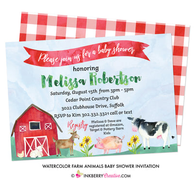 Watercolor Farm Animals Baby Shower Invitation - inkberrycards