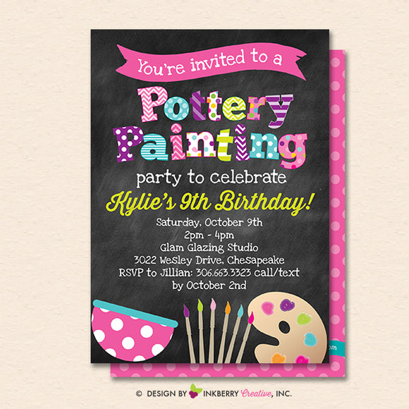 Pottery Painting Party Invitation (Chalkboard Style) - Kids Art / Pottery Painting Birthday Party Invite - Printable, Instant Download, Editable, PDF - inkberrycards
