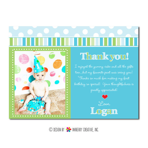 Blue & Green Polka Dot Stripe Boy's Photo Thank You Note - inkberrycards