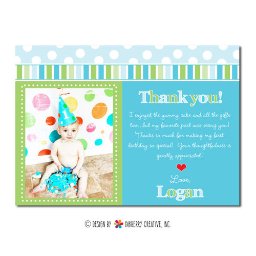 Blue & Green Polka Dot Stripe Boy's Photo Thank You Note - inkberrycards