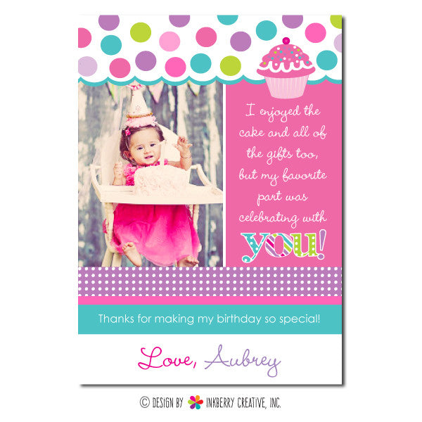 Pink & Aqua Cupcake Girl's Photo Thank You Note - inkberrycards