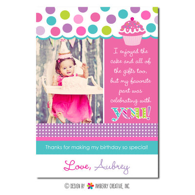 Pink & Aqua Cupcake Girl's Photo Thank You Note - inkberrycards