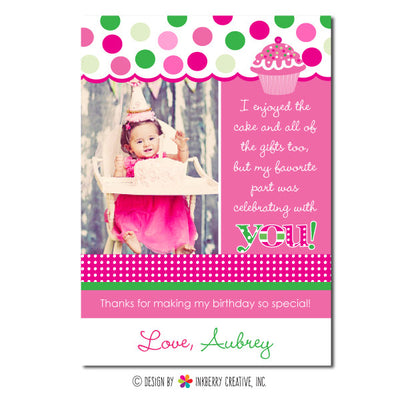 Pink & Green Cupcake Girl's Photo Thank You Note - inkberrycards