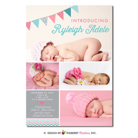 Baby Bunting - Baby Girl Photo Birth Announcement - inkberrycards