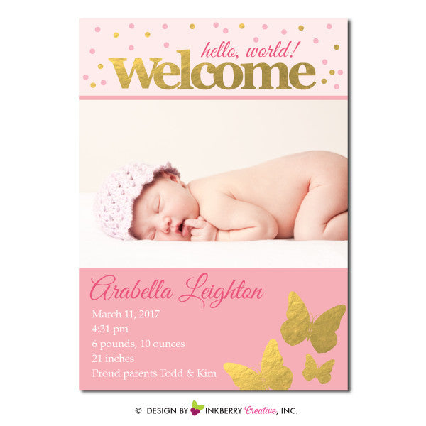 Gold Butterfly - Baby Girl Photo Birth Announcement - inkberrycards