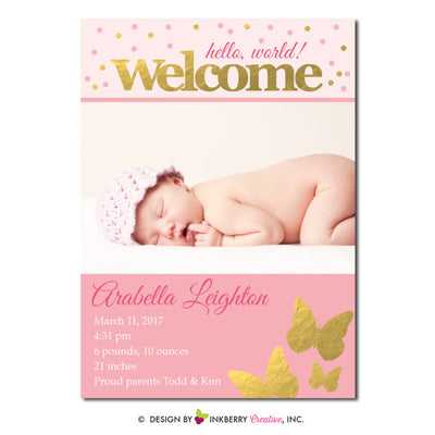 Gold Butterfly - Baby Girl Photo Birth Announcement - inkberrycards