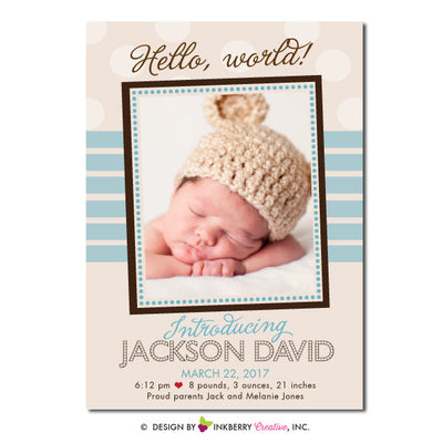 Hello World - Baby Boy Photo Birth Announcement - inkberrycards