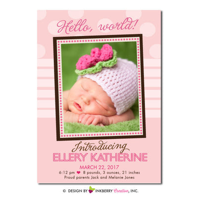 Hello World - Baby Girl Photo Birth Announcement - inkberrycards